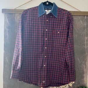 Wrangler PBR Licensed Red Blue Plaid Denim Collar Western Rodeo Shirt Sz M